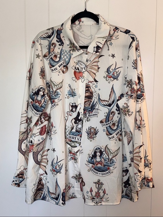 Tops - Vintage-Inspired Tattoo Mermaid Print Unisex Button-Up Shirt Size 3X Runs Small